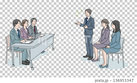 集団面接、自己PRする新卒応募者と評価する面接官 136953347