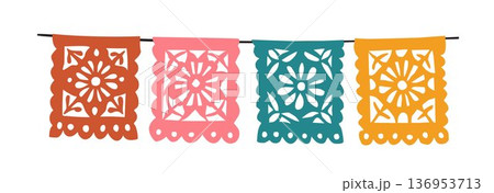 Colorful papel picado garland banner. Taditional Mexican decorative party flags bunting. Cinco de Mayo. Day of Dead Dia de Muertos celebrations. Flat vector graphic object isolated on background. 136953713