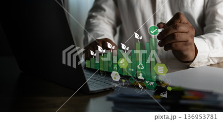 ESG sustainability performance governance and reporting Environment showing corporate growth, society, governance, Energy strategic analysis Net Zero and Carbon 136953781