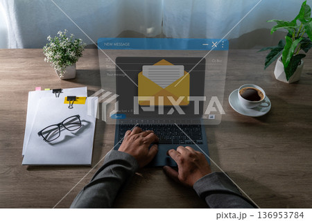 Inbox organization workflow concept with email compose on laptop, professional manages mail messages, inbox organization interface mail 136953784