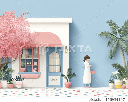 開店前のかわいいショップ外観イメージ｜起業・新規オープンを象徴するポップな店舗ビジュアル（AIイラス 136954147