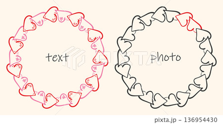 Heart Chain ornament outline frame set, love symbol, geometric circle border, hand drawn ink blob brush line stroke, sketch doodle groovy style design, red pink black colour decorative graphic element 136954430