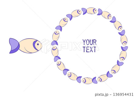 Fish icon, chain ornament frame, circle shape border, hand drawn ink blob brush line stroke, sketch doodle groovy style design, elegant blue colour decorative isolated graphic element. 136954431