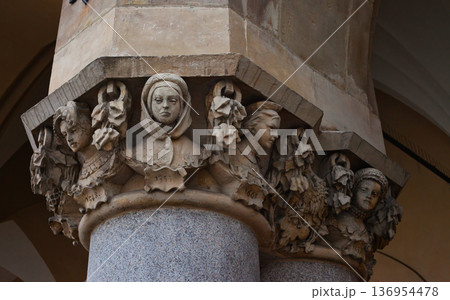 Historic Stone Sculptures on Architectural Column Renaissance Style Detail 136954478