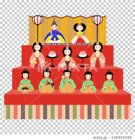 向量插圖，描繪了女兒節期間舞台上三層人偶展示架，包括天皇和皇后人偶、三位宮廷女官以及五位樂師。 136954589