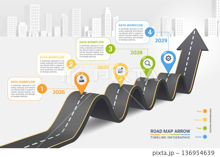 Business Strategy Road Map Arrow with Pointers Workflow Diagram Timeline Infographic Template Background 136954639