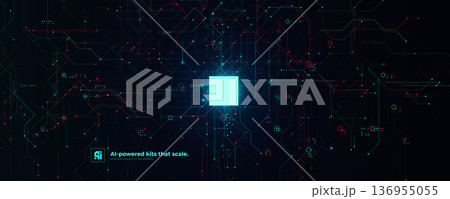 AI Chipset Artificial Intelligence Logo Background. Glow CPU Microchip Dark Tech Futuristic Circuit Pattern BG Design. Chip Board Backdrop Digital Cloud Future Data Technology. Vector illustration AI Chipset Artificial Intelligence Logo Background. Glow CPU Microchip Dark Tech Futuristic Circuit Pattern BG Design. Chip Board Backdrop Digital Cloud Future Data Technology. Vector illustration 136955055