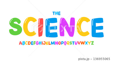 Kid Science educational font, STEM colorful alphabet for scientific headline, funny scientific game and lessons book typographic design. Modern vector typeset 136955065
