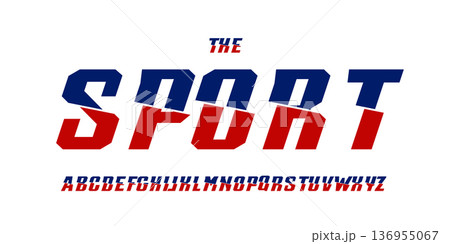 Dynamic cut sport font with bold geometric split letters in red and blue. Cutout sporty typographic design for posters, logos, esports titles, merchandise, and branding. Vector illustration 136955067
