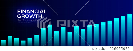 Financial analytics business growth chart digital background, blue rising bars, increase arrow and candlesticks concept for fintech, market trends, predictive investment insights. Vector illustration. 136955079