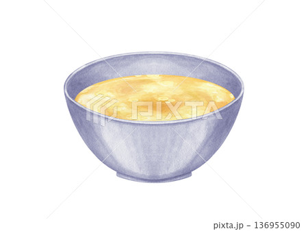 Aromatic soup in ceramic bowl watercolor illustration on isolated background. Golden creamy vegetable or meat broth. Homemade bouillon in plate, healthy food for menu design, blog, cookbook. 136955090