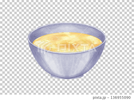 Aromatic soup in ceramic bowl watercolor illustration on isolated background. Golden creamy vegetable or meat broth. Homemade bouillon in plate, healthy food for menu design, blog, cookbook. 136955090
