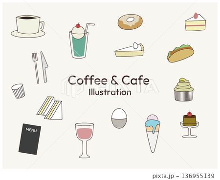 カフェやレストランのシンプルなイラストセット カフェやレストランのシンプルなイラストセット 136955139