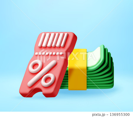 3d discount coupon with stack of green cash 136955300