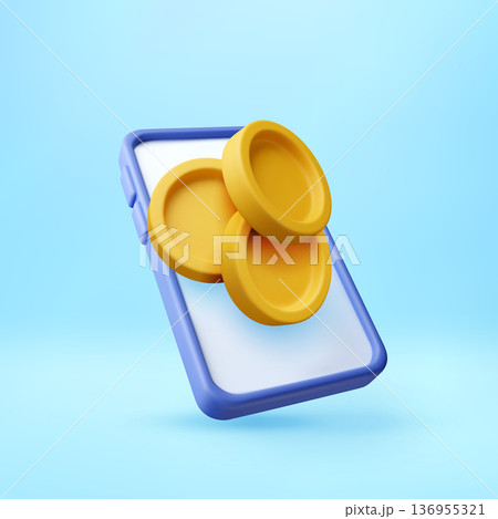 3d Golden coins falling on smartphone screen. 3d Golden coins falling on smartphone screen. 136955321