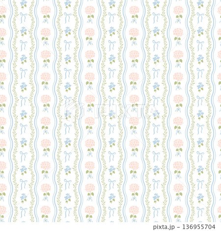 Floral striped coquette seamless pattern with hydrangea flowers, ribbons, wavy stripes. Vector grandmillennial wallpaper 136955704