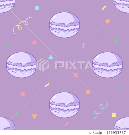 Purple Macaron Seamless Pattern with Cute Geometric Elements on Lavender Background Purple Macaron Seamless Pattern with Cute Geometric Elements on Lavender Background 136955787