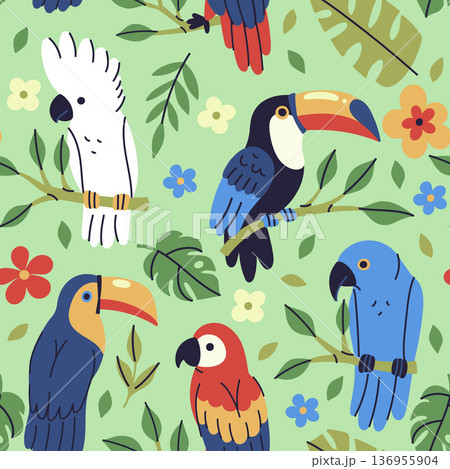 Seamless pattern with tropical birds, flowers, and leaves. Vector graphics. 136955904