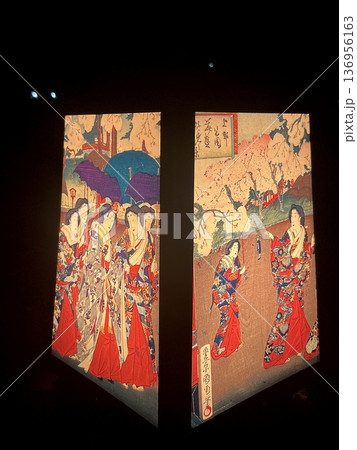 着物の女人浮世絵行燈二面の異なる浮世絵　背景に桜の木 136956163