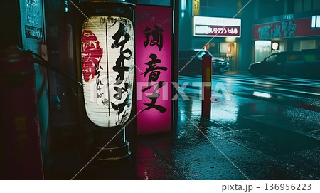 サイバーパンクな日本の路地裏 ネオン輝く雨の夜の風景 サイバーパンクな日本の路地裏 ネオン輝く雨の夜の風景 136956223