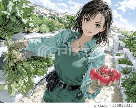 トマトを収穫する若い女性農家｜畑で働く農業従事者のイメージイラスト 136956335