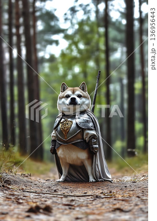 騎士の鎧を着た可愛い柴犬 ファンタジーなキャラクター 136956443