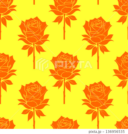 seamless graphic floral pattern orange roses on yellow background, texture, design 136956535