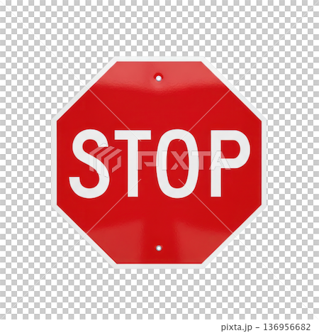 Red octagonal stop sign isolated on a transparent background with bold white letters clearly displaying the word "STOP" 136956682