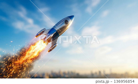 ビジネスの飛躍や革新を象徴する、大空へ力強く飛び立つ黄金色のロケットの3Dイメージです。金属 ビジネスの飛躍や革新を象徴する、大空へ力強く飛び立つ黄金色のロケットの3Dイメージです。金属 136956854