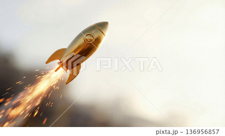 ビジネスの飛躍や革新を象徴する、大空へ力強く飛び立つ黄金色のロケットの3Dイメージです。金属 136956857