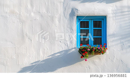 minimalist photograph of a white wall with a blue window and flower box, showcasing the interplay of light and shadow. minimalist photograph of a white wall with a blue window and flower box, showcasing the interplay of light and shadow. 136956881