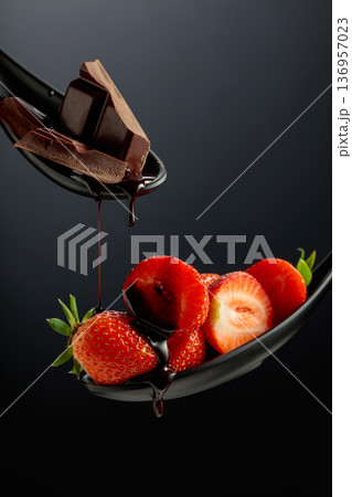 Fresh strawberries and melted dark chocolate. Fresh strawberries and melted dark chocolate. 136957023
