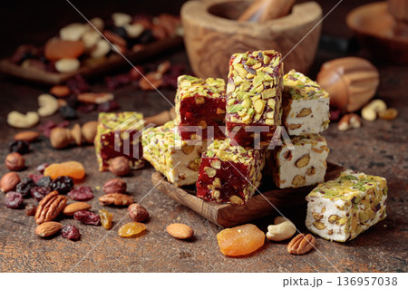 Turkish delight with nuts and dried fruits. Turkish delight with nuts and dried fruits. 136957038