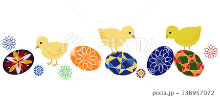 Horizontal Easter banner with three cute yellow chicks standing among decorative Easter eggs 136957072