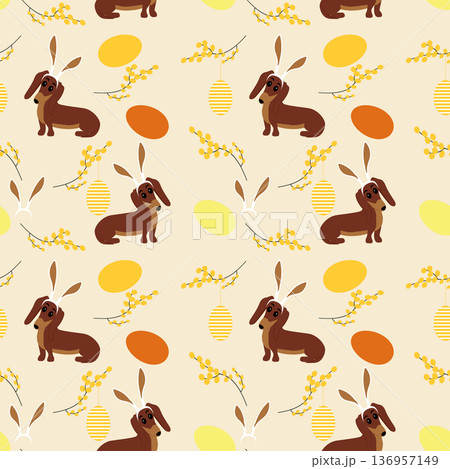 Seamless Easter pattern with cute dachshunds in bunny ears. Whimsical vector background with doggies, mimosa, eggs. Seamless Easter pattern with cute dachshunds in bunny ears. Whimsical vector background with doggies, mimosa, eggs. 136957149