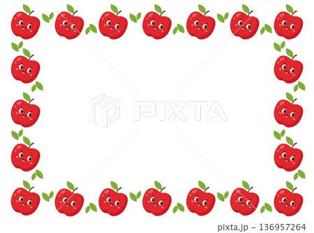 Cute red apple kawaii characters rectangular border frame template 136957264