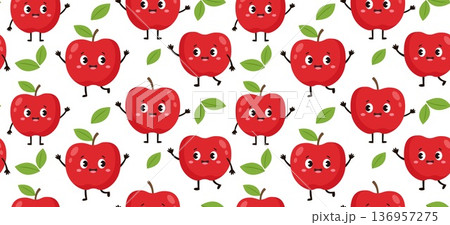 Seamless pattern with cute kawaii red apple characters and leaves Seamless pattern with cute kawaii red apple characters and leaves 136957275