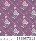 An elegant floral composition featuring stylized freesia blossoms arranged over a subtle diamond lattice background. Soft lavender petals with warm golden stamens contrast beautifully against the 136957313