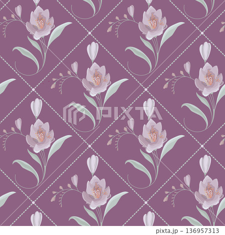 An elegant floral composition featuring stylized freesia blossoms arranged over a subtle diamond lattice background. Soft lavender petals with warm golden stamens contrast beautifully against the 136957313