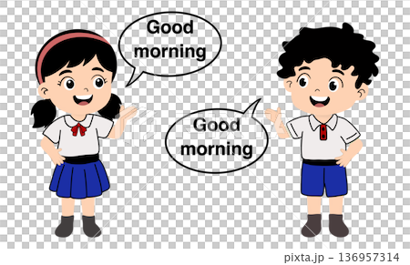 Cartoon illustration of Thai primary school boy and girl students saying Good morning to each other, cute children in school uniforms with speech bubbles greeting in English on white background 136957314