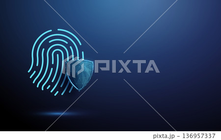 Blue fingerprint behind shield. Biometric security, identity protection, secure authentication, access control, personal data safety, digital privacy concept Blue fingerprint behind shield. Biometric security, identity protection, secure authentication, access control, personal data safety, digital privacy concept 136957337