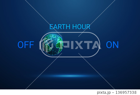 Blue OFF button with planet Earth. Environmental awareness, Earth Hour initiative, global sustainability, eco-friendly behavior, environmental responsibility concept. Blue OFF button with planet Earth. Environmental awareness, Earth Hour initiative, global sustainability, eco-friendly behavior, environmental responsibility concept. 136957338