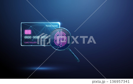 Bank card under magnifying glass with fingerprint. Biometric authentication, secure payment verification, identity check, fraud detection, financial security concept. Bank card under magnifying glass with fingerprint. Biometric authentication, secure payment verification, identity check, fraud detection, financial security concept. 136957341