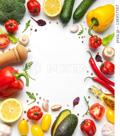 Fresh healthy organic vegetables and herbs forming frame 136957567