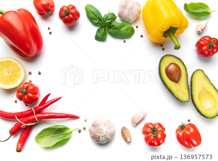 Fresh vegetables and herbs creating white copy space background 136957573