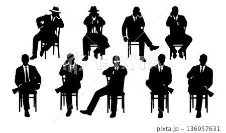 Black Solid Realtor Chair Backwards Silhouettes Set of Six on White Background 136957631