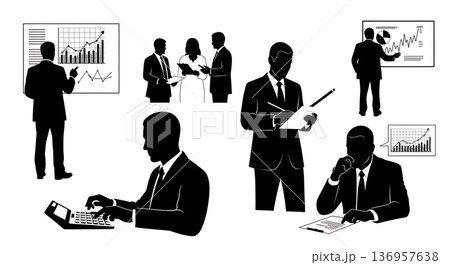 Black Solid Realtor Calculating Mortgage Silhouettes Set of Six on White Background Black Solid Realtor Calculating Mortgage Silhouettes Set of Six on White Background 136957638