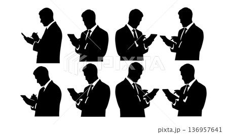 Black Solid Realtor Calculating Mortgage Silhouettes Set of Six on White Background 136957641
