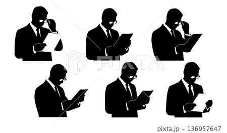Black Solid Realtor Adjusting Glasses Silhouettes Set of Six on White Background 136957647