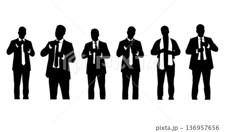 Black Solid Realtor Adjusting Tie Silhouettes Set of Six on White Background 136957656